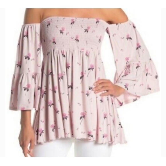 FREE PEOPLE Lana Off The Shoulder Pink Lilac Floral Bell Sleeves Tunic - Picture 3 of 7
